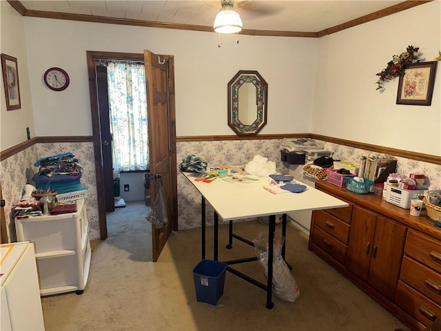33 Spruce St, Natrona, PA 15065 - office area with a wainscoted wall, light carpet, ornamental molding, a ceiling fan, and wallpapered walls