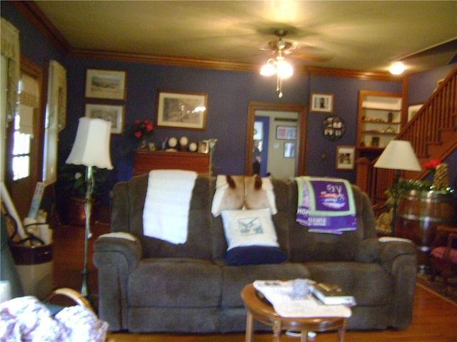 404 Scipio, Jamestown, PA 16134 - living area with ornamental molding, a ceiling fan, wood finished floors, and stairs