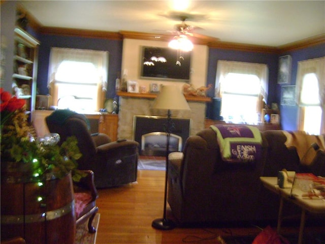 404 Scipio, Jamestown, PA 16134 - living area with crown molding, ceiling fan, wood finished floors, and a fireplace