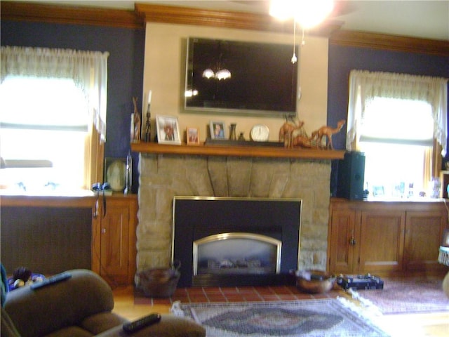 404 Scipio, Jamestown, PA 16134 - living area featuring a stone fireplace and plenty of natural light
