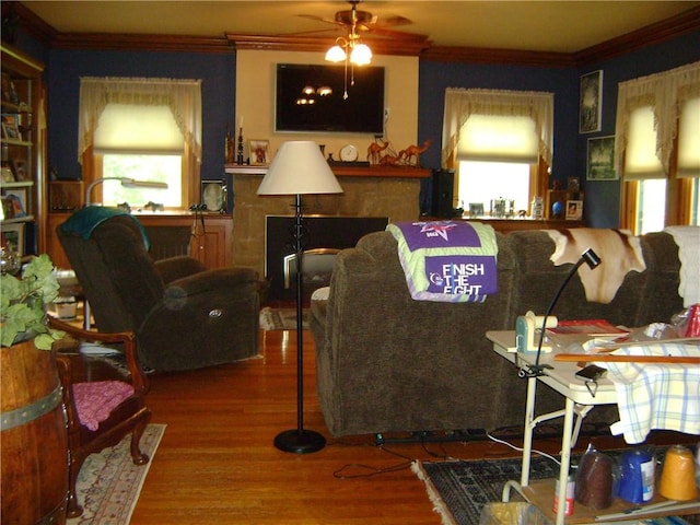 404 Scipio, Jamestown, PA 16134 - living room featuring crown molding, ceiling fan, and wood finished floors