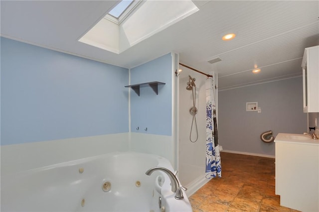516 5th St, Darlngtn Twp, PA 16115 - bathroom with a skylight, a shower with curtain, a whirlpool tub, vanity, and recessed lighting