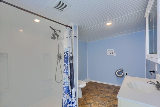 516 5th St, Darlngtn Twp, PA 16115 - bathroom featuring curtained shower, vanity, stone tile floors, and recessed lighting