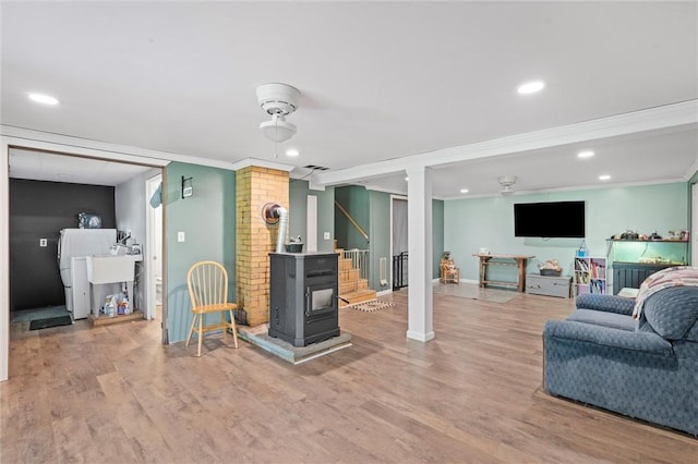 2180 Dime Rd, Bethel Twp, PA 15690 - living area with stairs, crown molding, light wood finished floors, recessed lighting, and a ceiling fan