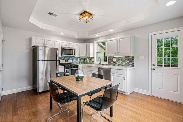 312 Edith St, Mt Washington, PA 15211 - kitchen featuring stainless steel appliances, a tray ceiling, light countertops, decorative backsplash, and light wood-style flooring