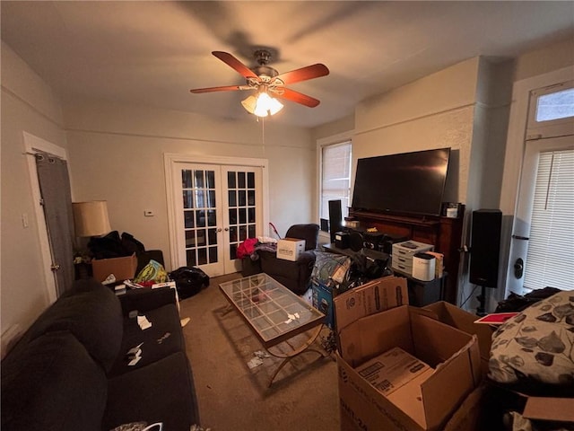 26 Carrick Ave, Carrick, PA 15210 - living room featuring french doors, a ceiling fan, and carpet flooring