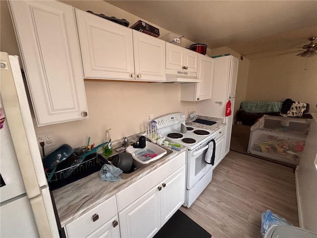 26 Carrick Ave, Carrick, PA 15210 - kitchen with white appliances, under cabinet range hood, light countertops, white cabinets, and light wood finished floors