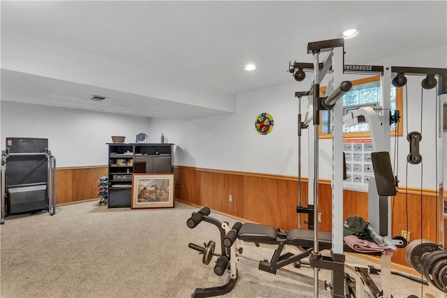 116 Rizzi Dr, Penn Twp Wml, PA 15642 - exercise room with wainscoting, carpet floors, wooden walls, and recessed lighting