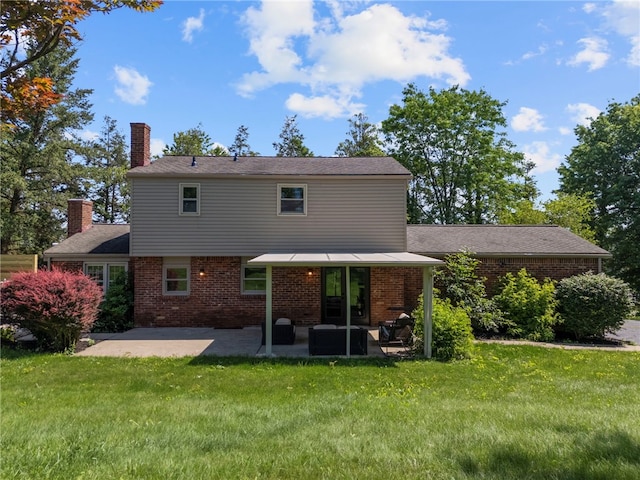 1202 Oakridge Rd, South Fayette, PA 15057 - rear view of property with a patio, brick siding, a chimney, and a yard