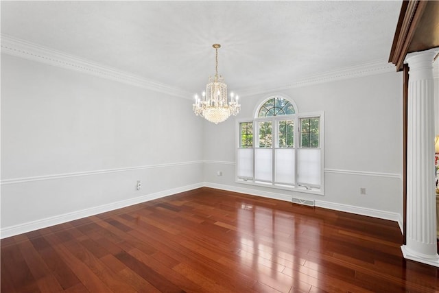 1648 Blackburn Heights Dr, Ohio Twp, PA 15143 - spare room with a chandelier, ornate columns, hardwood / wood-style flooring, and ornamental molding