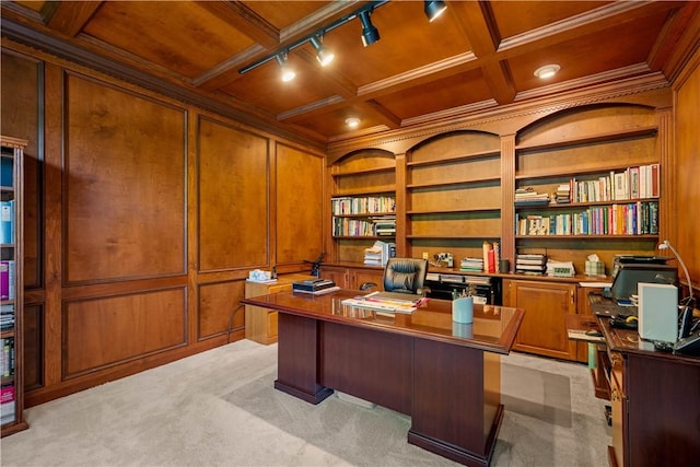 1648 Blackburn Heights Dr, Ohio Twp, PA 15143 - office area featuring track lighting, light colored carpet, built in shelves, coffered ceiling, and a wooden ceiling with exposed beams
