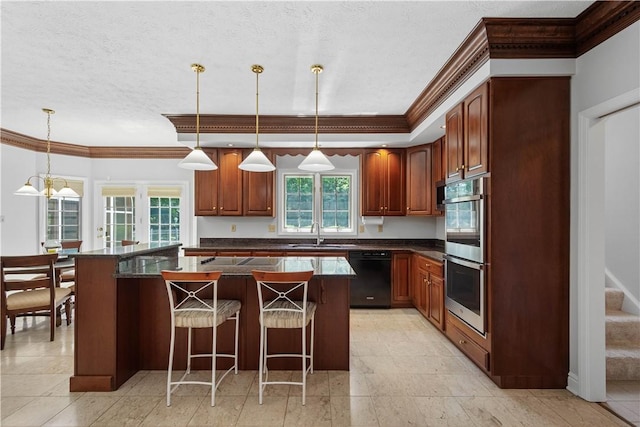 1648 Blackburn Heights Dr, Ohio Twp, PA 15143 - kitchen featuring black dishwasher, stainless steel double oven, ornamental molding, dark countertops, and a kitchen island