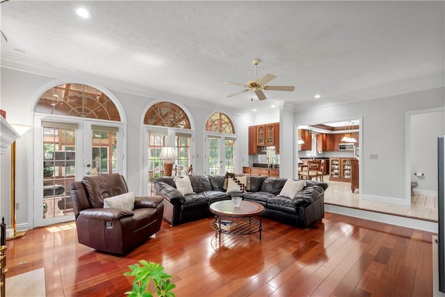 1648 Blackburn Heights Dr, Ohio Twp, PA 15143 - living room with ornamental molding, french doors, a ceiling fan, wood-type flooring, and recessed lighting