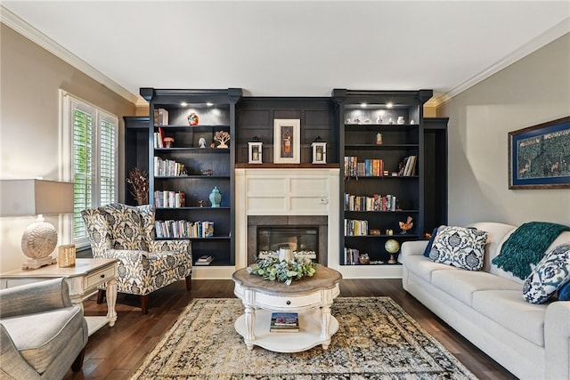 322 Dirkshire Ct, Adams Twp, PA 16046 - living area with ornamental molding, dark wood-style flooring, and a glass covered fireplace