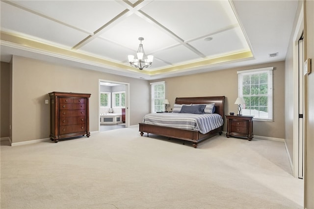322 Dirkshire Ct, Adams Twp, PA 16046 - bedroom with coffered ceiling, a chandelier, and light carpet