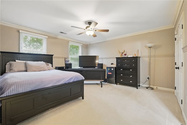 322 Dirkshire Ct, Adams Twp, PA 16046 - bedroom with ornamental molding, light colored carpet, a wainscoted wall, and a ceiling fan