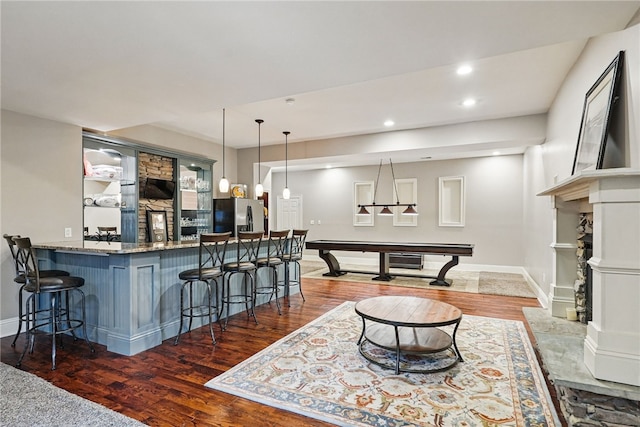 322 Dirkshire Ct, Adams Twp, PA 16046 - indoor wet bar with stainless steel fridge, wood finished floors, recessed lighting, pool table, and decorative light fixtures