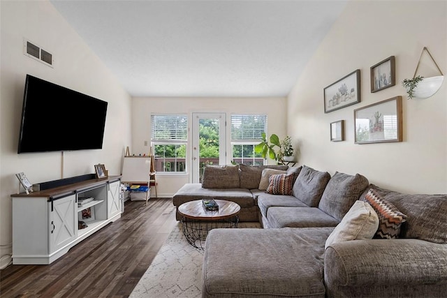 196 Oakbrook Cir, Banksville/Westwood, PA 15220 - living room with lofted ceiling and dark wood-type flooring