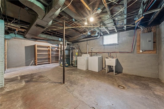585 Dugan Way, New Kensington, PA 15068 - below grade area featuring washing machine and dryer, electric panel, water heater, and heating unit
