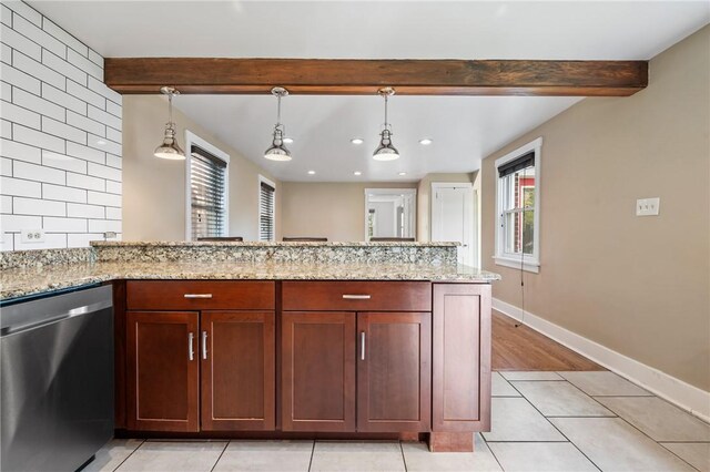 1216 Laclair Ave, Regent Square, PA 15218 - kitchen featuring stainless steel dishwasher, beamed ceiling, light stone counters, hanging light fixtures, and light tile patterned flooring
