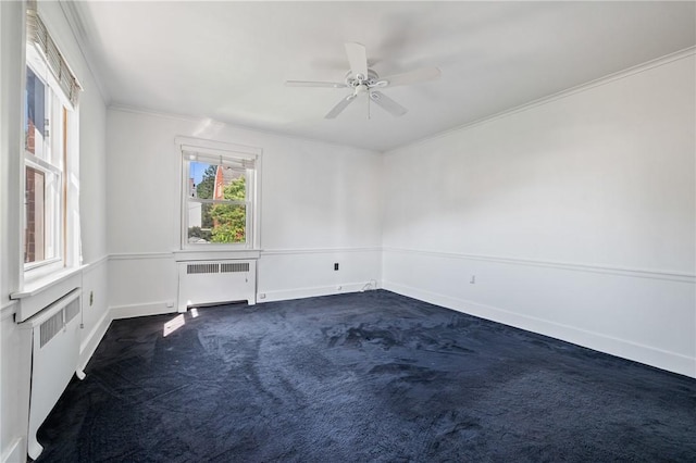 1216 Laclair Ave, Regent Square, PA 15218 - unfurnished room with radiator heating unit, dark colored carpet, ceiling fan, and crown molding