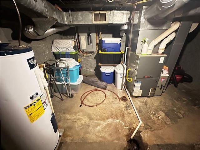 206 Pine St, Connellsville, PA 15425 - utility room featuring water heater, heating unit, and electric panel