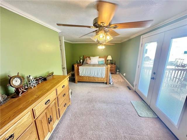 3246 Old Mcclellandtown Rd, Pa, PA 15458 - bedroom featuring french doors, light colored carpet, ornamental molding, a textured ceiling, and ceiling fan