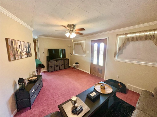 3246 Old Mcclellandtown Rd, Pa, PA 15458 - carpeted living room featuring crown molding and ceiling fan