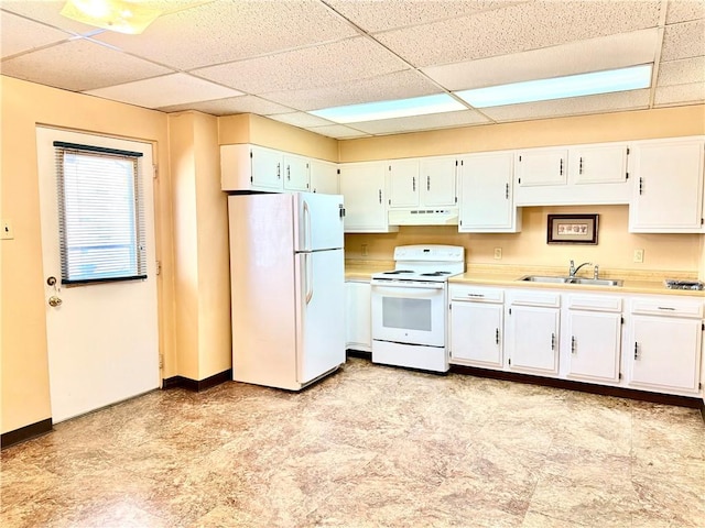 314-316 W Main St, Monongahela, PA 15063 - kitchen with white appliances, under cabinet range hood, a paneled ceiling, white cabinetry, and light countertops