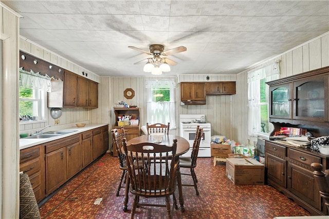 3114 30th St, Pulaski Twp Bea, PA 15066 - dining space with healthy amount of natural light, dark flooring, ceiling fan, and wood walls
