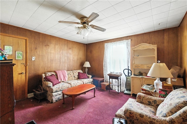 3114 30th St, Pulaski Twp Bea, PA 15066 - living room featuring a ceiling fan, carpet floors, and wood walls