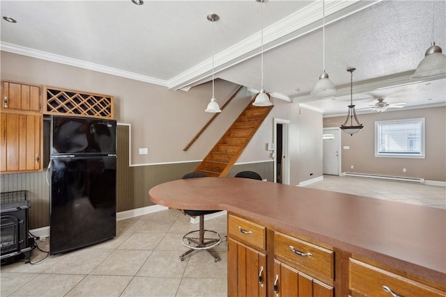 2617-2619 Spring Garden Ave, Spring Garden, PA 15212 - kitchen featuring freestanding refrigerator, a baseboard heating unit, crown molding, light tile patterned floors, and pendant lighting