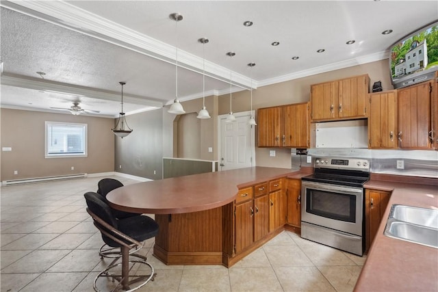 2617-2619 Spring Garden Ave, Spring Garden, PA 15212 - kitchen with stainless steel electric stove, light tile patterned floors, a peninsula, a baseboard heating unit, and crown molding