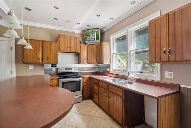 2617-2619 Spring Garden Ave, Spring Garden, PA 15212 - kitchen featuring stainless steel electric stove, brown cabinetry, ornamental molding, light tile patterned floors, and pendant lighting