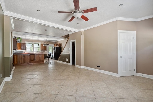 2617-2619 Spring Garden Ave, Spring Garden, PA 15212 - unfurnished living room featuring a textured ceiling, a ceiling fan, light tile patterned floors, and ornamental molding