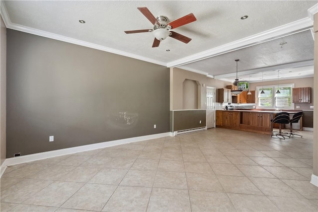 2617-2619 Spring Garden Ave, Spring Garden, PA 15212 - living room featuring baseboard heating, a ceiling fan, ornamental molding, light tile patterned flooring, and a textured ceiling