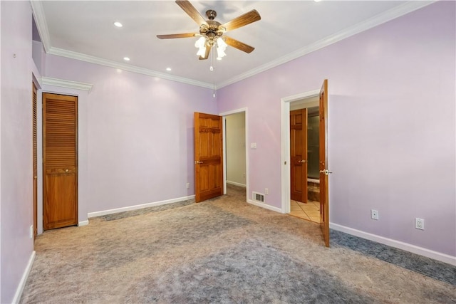 2617-2619 Spring Garden Ave, Spring Garden, PA 15212 - unfurnished bedroom featuring carpet, crown molding, recessed lighting, and a ceiling fan