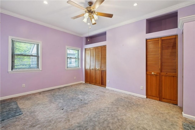 2617-2619 Spring Garden Ave, Spring Garden, PA 15212 - unfurnished bedroom with carpet, multiple closets, ornamental molding, recessed lighting, and ceiling fan