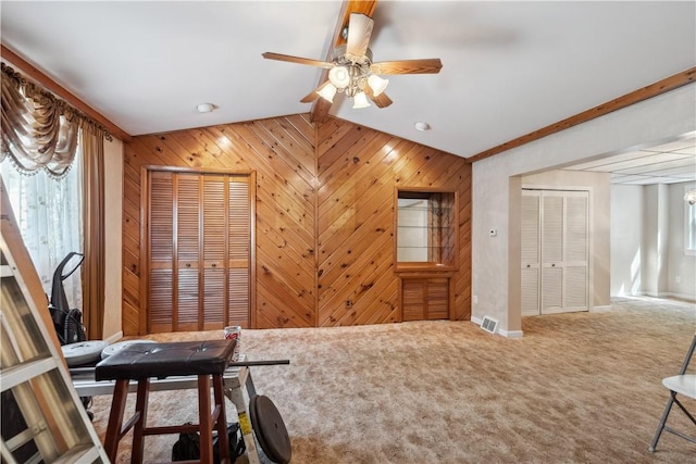 2617-2619 Spring Garden Ave, Spring Garden, PA 15212 - unfurnished office featuring vaulted ceiling, wooden walls, carpet flooring, and a ceiling fan