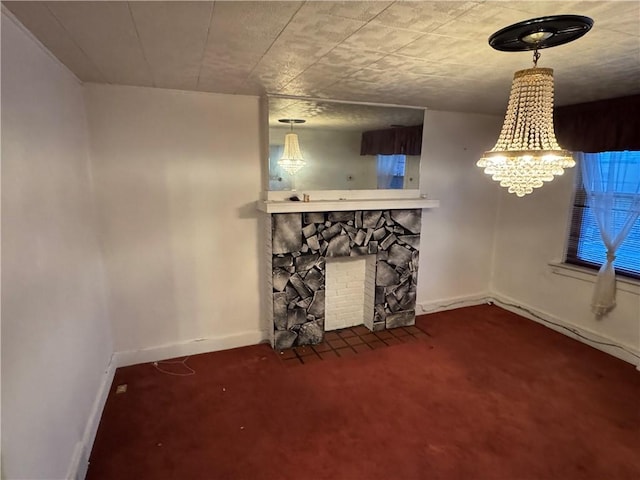 3238 Hardie Way, Oakland, PA 15213 - unfurnished dining area with a chandelier, a fireplace, and carpet flooring