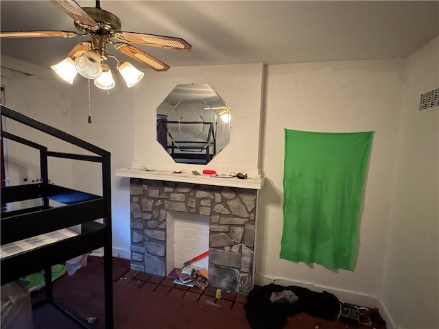 3238 Hardie Way, Oakland, PA 15213 - bedroom with a fireplace and a ceiling fan
