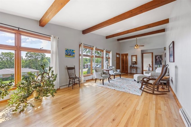 367 Crescent Dr, Canton Twp, PA 15301 - living room with light wood-style flooring, beamed ceiling, and a ceiling fan