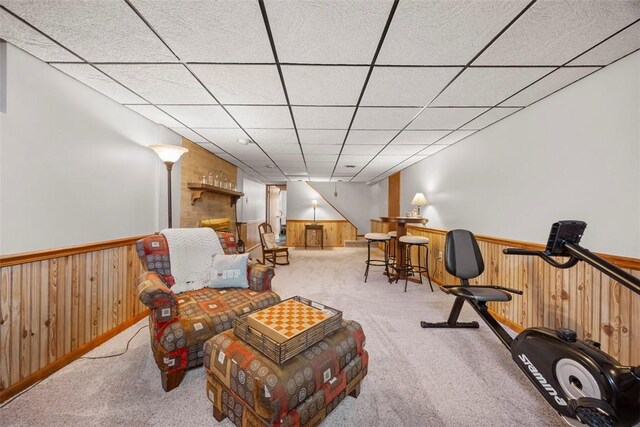 367 Crescent Dr, Canton Twp, PA 15301 - sitting room with wainscoting, carpet, wood walls, and a drop ceiling
