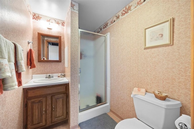 367 Crescent Dr, Canton Twp, PA 15301 - bathroom featuring vanity, a stall shower, and wallpapered walls