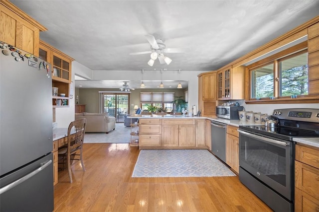367 Crescent Dr, Canton Twp, PA 15301 - kitchen featuring appliances with stainless steel finishes, open floor plan, ceiling fan, a peninsula, and light wood-type flooring