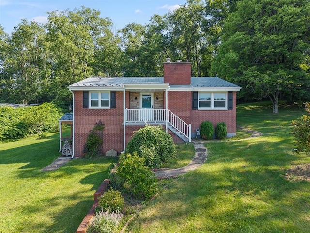 3960 Millers Run Rd, Cecil, PA 15057 - ranch-style home with a chimney, a front yard, brick siding, and a metal roof