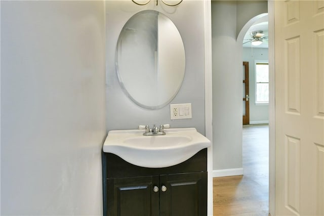 49 N Oakdale Ave, Hermitage, PA 16148 - bathroom featuring a ceiling fan, vanity, and wood finished floors