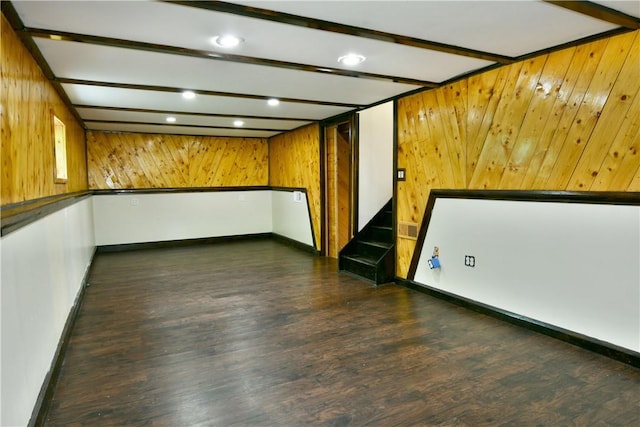 49 N Oakdale Ave, Hermitage, PA 16148 - empty room with wood walls, dark wood-style flooring, recessed lighting, stairs, and beamed ceiling