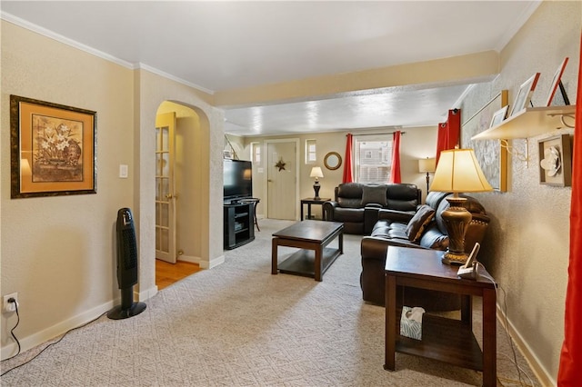 2534 Jefferson Ave, West Mifflin, PA 15122 - carpeted living area with arched walkways, crown molding, and a textured wall