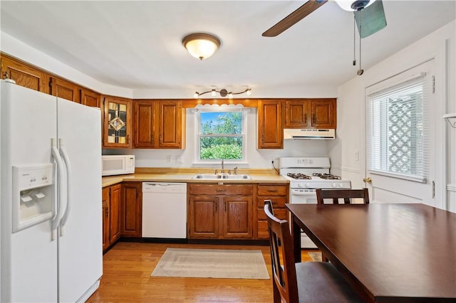 2534 Jefferson Ave, West Mifflin, PA 15122 - kitchen featuring white appliances, under cabinet range hood, brown cabinets, ceiling fan, and light wood-type flooring
